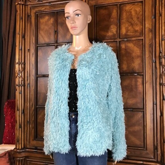 NWOT Colleen Lopez Aqua Faux Feather Jacket - Picture 2 of 13